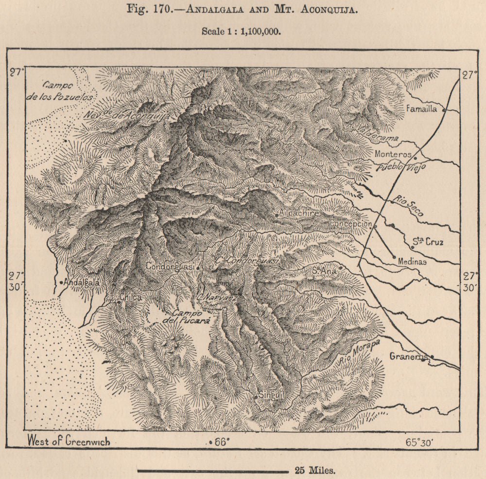 Andalgala and Mt. Aconquija. Argentina 1885 old antique vintage map plan chart